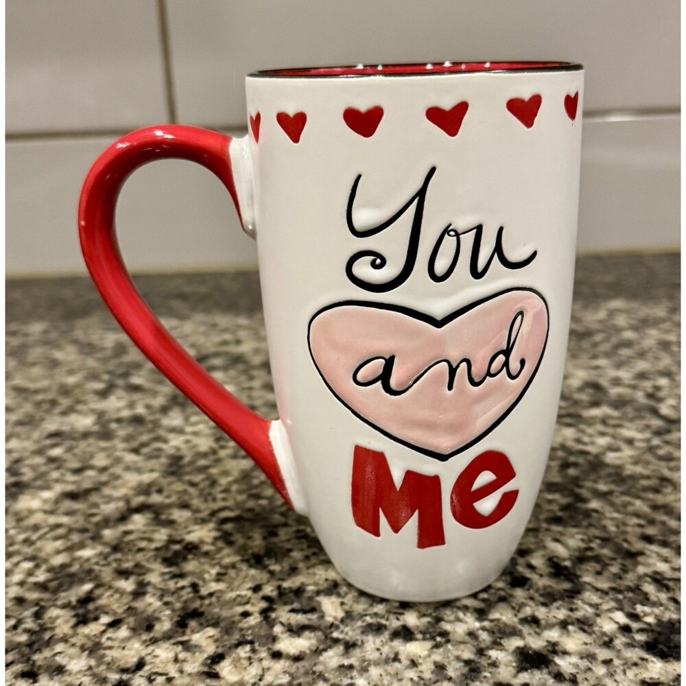 “You and Me” Valentines Gift Mug 20 oz Ceramic Tall Coffee Cup Embossed Heavy